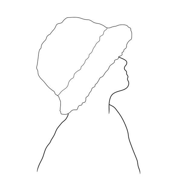 Een meisje met een modieuze Panama hoed, een schapenvacht hoed. Silhouet, profiel. Vector illustratie. Geïsoleerd op witte achtergrond, omtrek, handtekening. - Vector, afbeelding