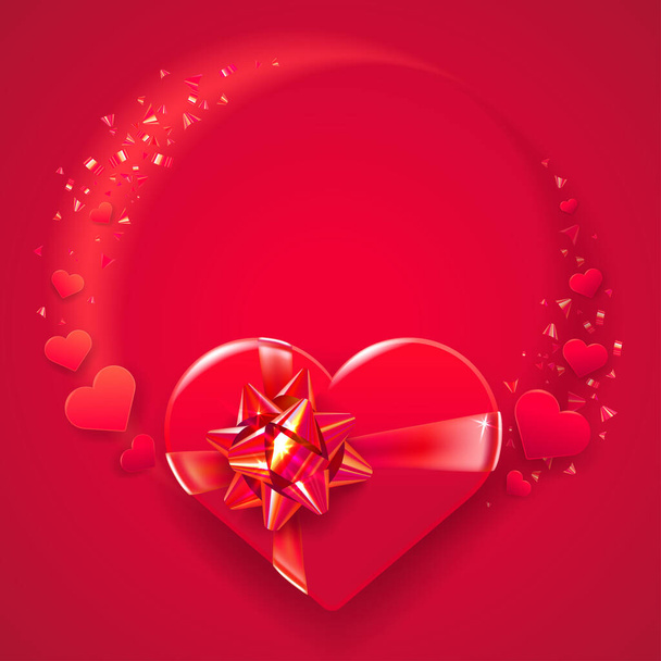 Square Valentine's Day greeting card template. Gift box isolated on red background. Symbols of holiday - hearts. - ベクター画像