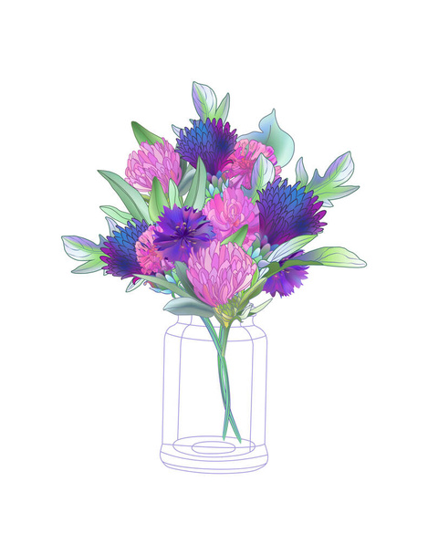 a bouquet of clover and cornflowers in a jar. Herbal engraved style illustration. - Vector, Image