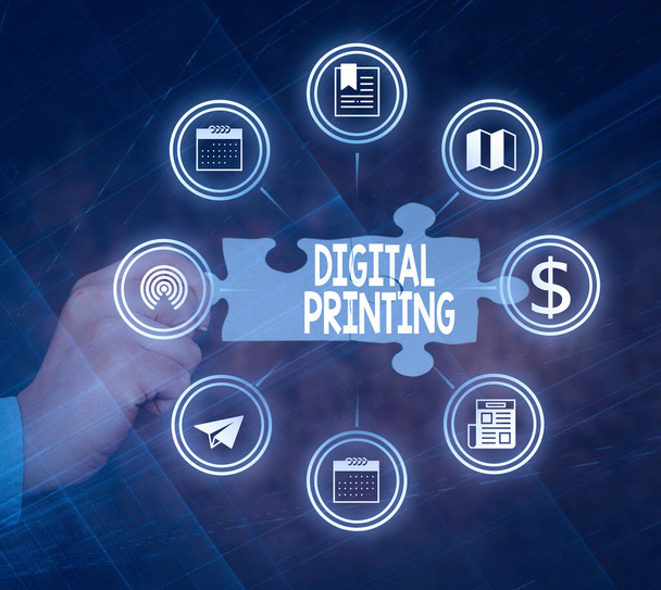Inspiration showing sign Digital Printing. Business overview digital based images directly to variety of media Hand Holding Jigsaw Puzzle Piece Unlocking New Futuristic Technologies. - Photo, Image
