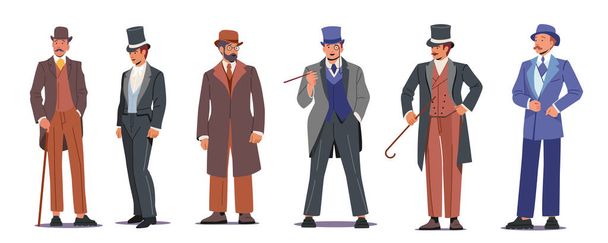 Set cavalheiros vitorianos ingleses, aristocratas, homens do século XIX isolados em fundo branco. Personagens masculinos - Vetor, Imagem