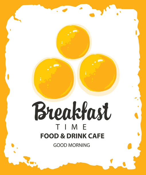 Morning food and drink menu for cafe or restaurant with three delicious hot scrambled eggs on a yellow background. Vector banner or flyer in retro style on the theme of Breakfast time - Vektor, Bild
