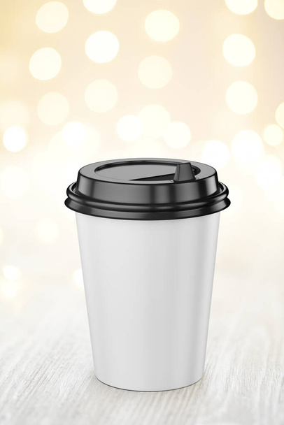 Пустой белый одноразовый кофе бумажная чашка с черной пластиковой крышкой с огнями на деревянный стол. Трехмерная иллюстрация. - Фото, изображение