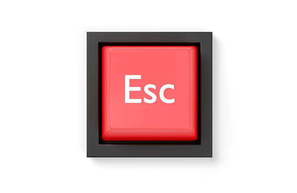 Beyaz arkaplan üzerinde tek, kırmızı bilgisayar klavye kaçış anahtarı, dur, çık ya da çık iş konsepti, yukarıdan düz görünüm, 3D illüstrasyon - Fotoğraf, Görsel