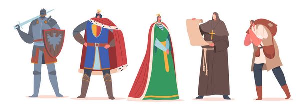 Soubor středověkých historických znaků. Královská královna a král, mnich s pergamenem, rytíř bojovník, sedlák v kostýmech - Vektor, obrázek