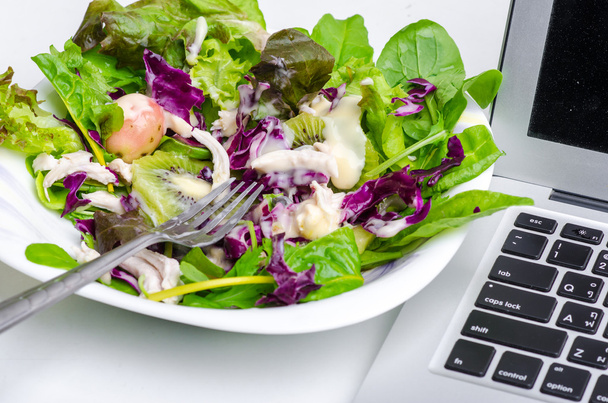 plantaardige salade met laptop geïsoleerd op wit - Foto, afbeelding