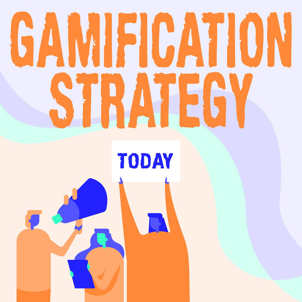 Schreiben von Textanzeigen Gamification Strategy. Geschäftsansatz verwendet Belohnungen für Motivation Integrieren Sie Spielmechanik-Aktivisten mit ihren Megaphonen und Plakaten, die Ankündigungen machen. - Foto, Bild