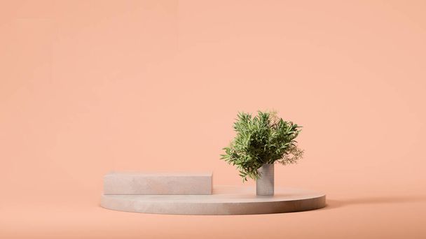 Square showcase and palm tree in vase on round podium display on pale peach colored background. Minimal design. 3d rendering. - Foto, Imagen