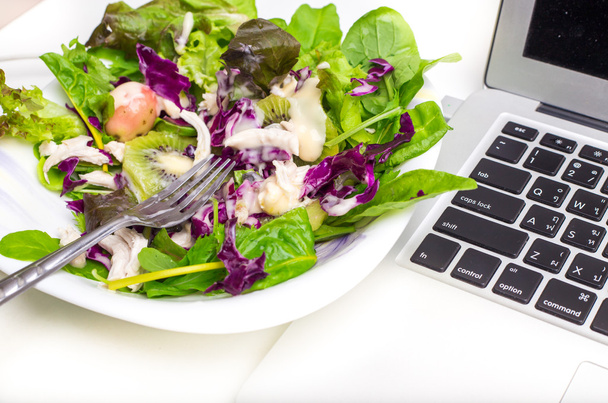 veel kleur salade met zakelijke laptop geïsoleerd op wit  - Foto, afbeelding