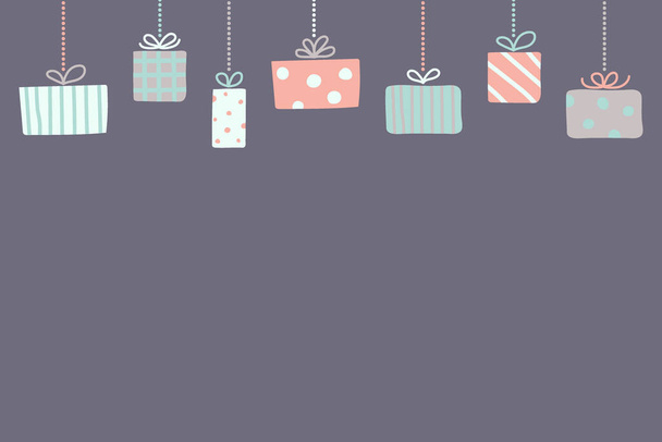Christmas background with hanging gift boxes and copyspace. Vector - Vector, imagen