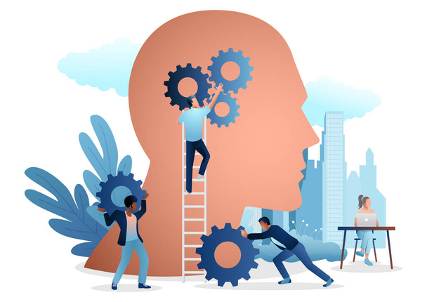Vector illustration of group of people installing gears in human head, concept for business initiatives, creating ideas, creativity, positive working environment - Vector, Image