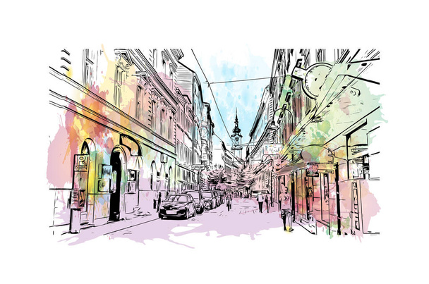 Print Building view with landmark of Linz is the city in Austria. Watercolor splash with hand drawn sketch illustration in vector. - Vector, Image