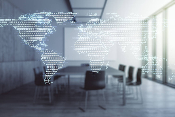Double exposure of abstract digital world map hologram on a modern boardroom background, big data and blockchain concept - Photo, image