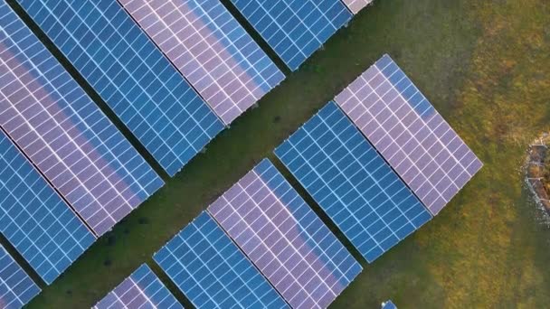Letecký pohled na velkou udržitelnou elektrárnu s řadami solárních fotovoltaických panelů pro výrobu čisté ekologické elektrické energie. Obnovitelná elektřina s koncepcí nulových emisí. - Záběry, video