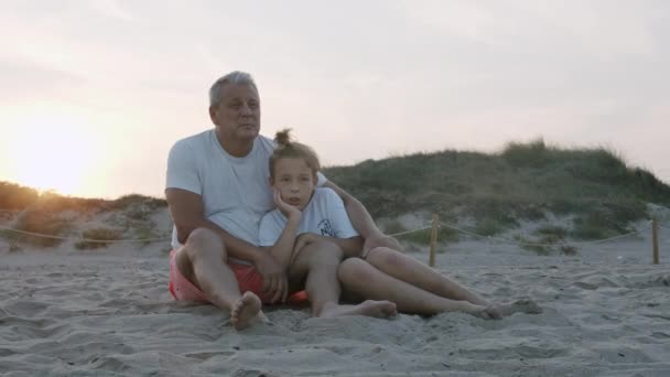Dědeček a vnuk na pláži při západu slunce - Záběry, video