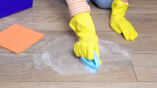 Mulher mão lavar o chão com uma escova e detergente close-up - Filmagem, Vídeo