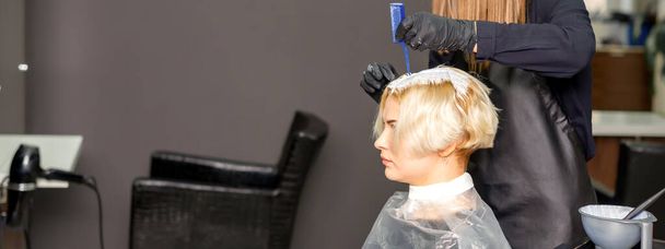 La peluquera profesional está teñiendo el cabello de su cliente femenino en un salón de belleza - Foto, Imagen