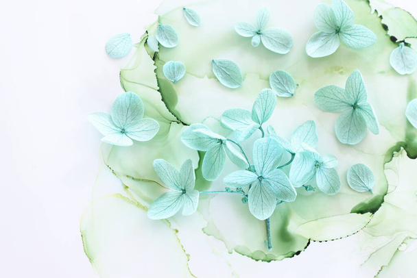 Creative image of pastel mint green Hydrangea flowers on artistic ink background. Top view with copy space - Φωτογραφία, εικόνα