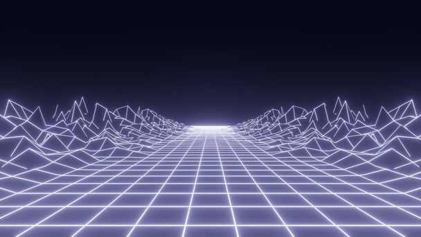 3d render, neon glowing retro wireframe poster - Photo, Image