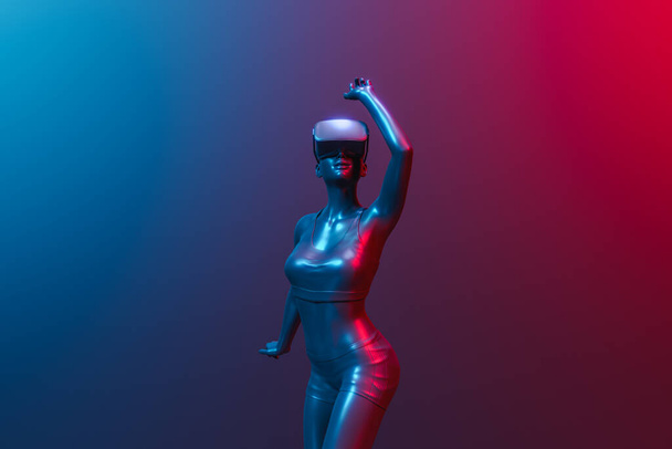 3D dziewczyna taniec z wirtualnej rzeczywistości gogle i neonowe oświetlenie z intensywnymi kolorami. koncepcja technologii, zabawy, rozrywki i metawersum. 3d renderowanie - Zdjęcie, obraz