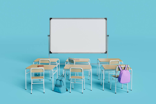 Whiteboard mit Schreibtischen davor. Bildungs-, Lern-, Kurs- und Studienkonzept. 3D-Darstellung - Foto, Bild