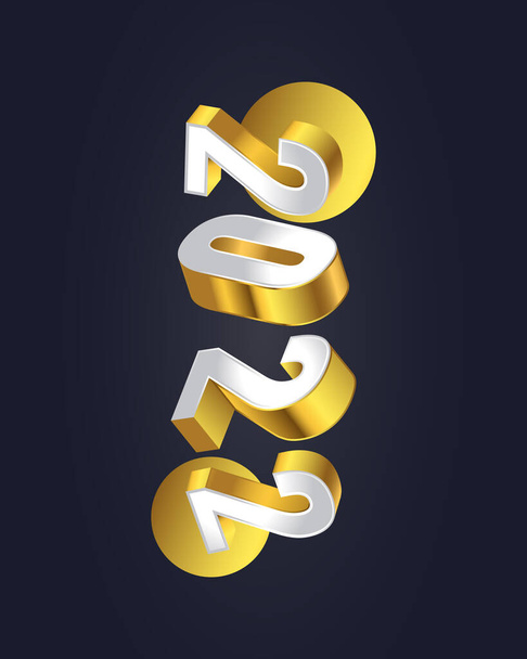 Elegante bandeira de ano novo ou design de cartaz com números 3D 2022 em branco e ouro Gradiente. Feliz Ano Novo 2022. Modelo de Design de Celebração de Ano Novo para Flyer, Poster, Brochura, Cartão, Banner ou Cartão Postal - Vetor, Imagem