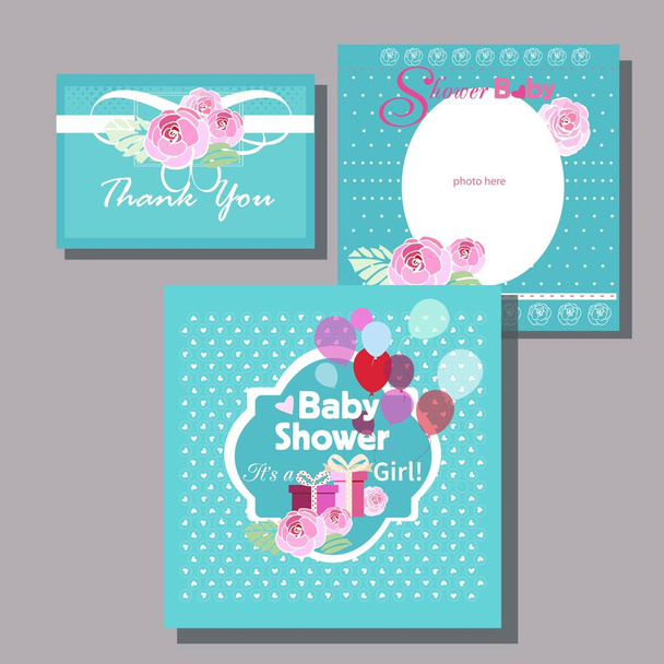 Carte postale Baby shower card with roses flowers and girls pantoufles - Vecteur, image