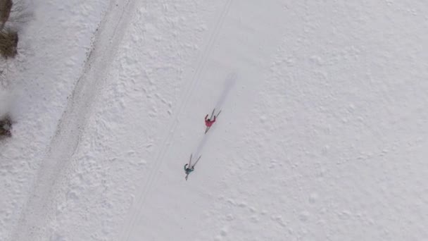 TOP DOWN: Flying above two female athletes training nordic skiing in Slovenia. - Footage, Video