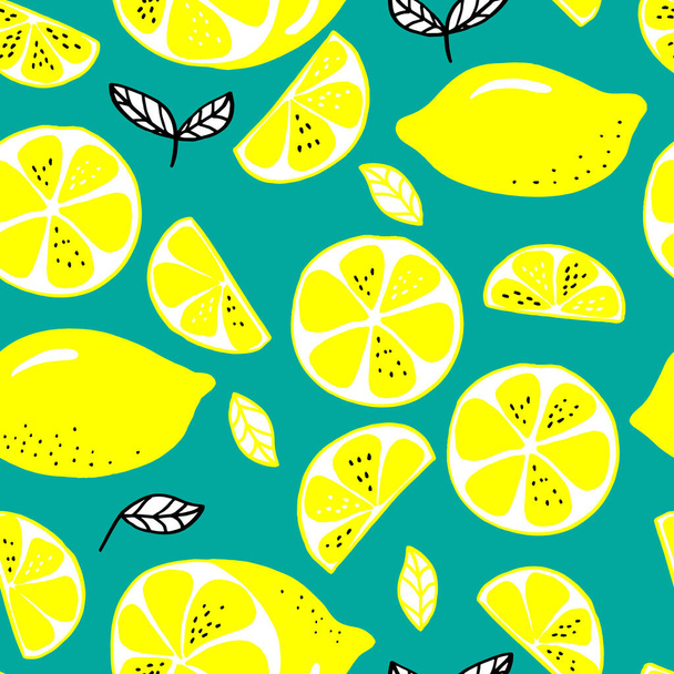 Vektor nahtlose Muster Zitronen und in Scheiben geschnittene Zitronen auf pastellfarbenem Hintergrund - Vektor, Bild