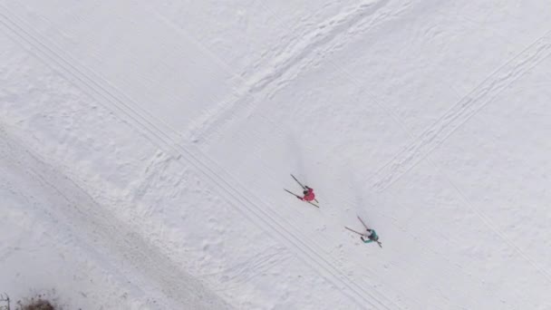 TOP DOWN: Esquiadores nórdicos profesionales entrenan en el centro nevado de Eslovenia. - Metraje, vídeo