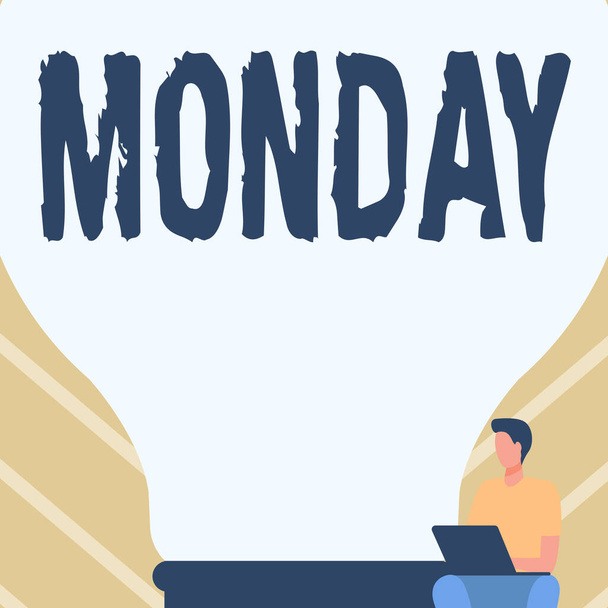 Writing displaying text Monday. Concept meaning the day of the week after Sunday and before Tuesday Day of the Moon Gentleman Sitting And Using Laptop Beside A Large Light Bulb. - Photo, Image