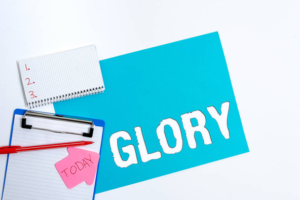 Text sign showing Glory. Conceptual photo high renown or honor won by notable achievements To take pride Display of Different Color Sticker Notes Arranged On flatlay Lay Background - Photo, Image