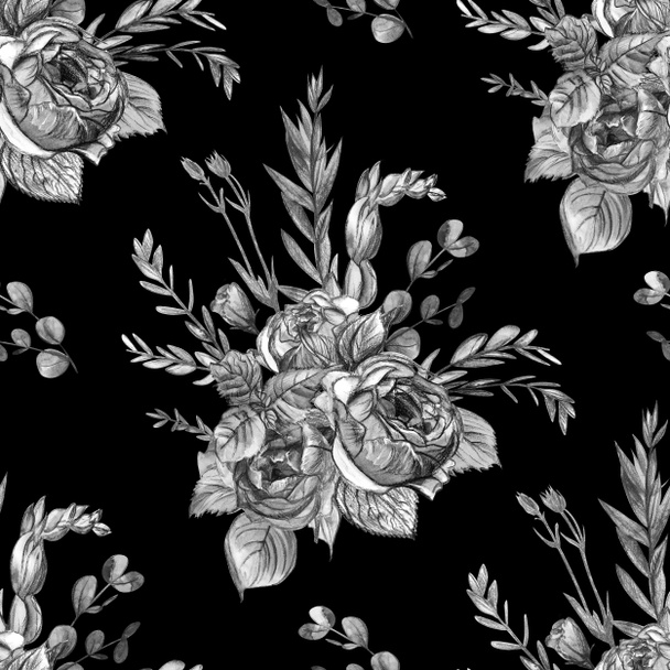 Vintage black and white seamless pattern with bouquets of rose flowers drawn in black pencil - Photo, Image