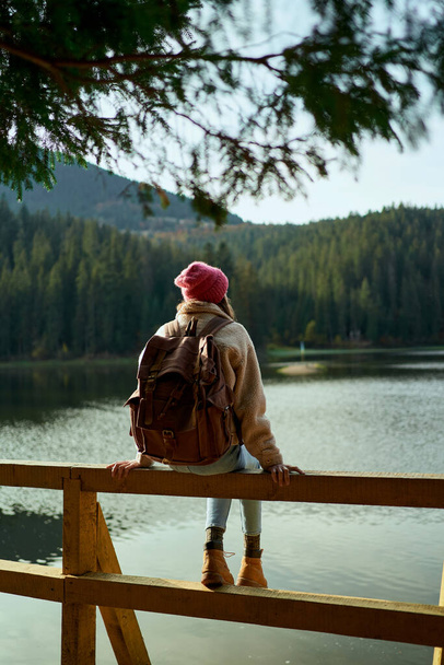Rear view hiker woman sits on pier by beautiful mountain lake and enjoys forest landscape - Фото, изображение