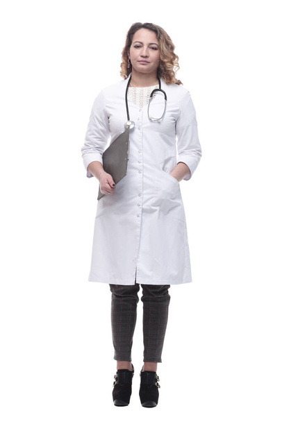 young female doctor with clipboard. isolated on a white - Photo, Image