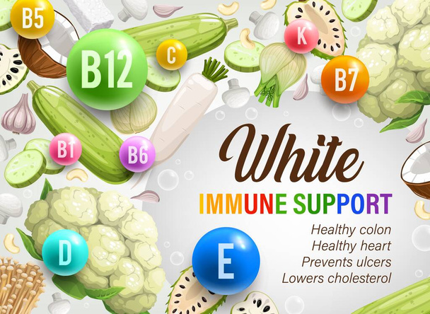 White day of color rainbow diet, organic nutrition and multivitamins of eating program, vector. Rainbow diet vitamins and mineral for immune support with healthy vegetables, fruits and nuts - Vector, Image