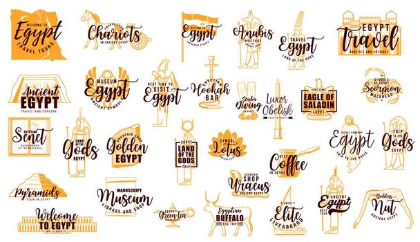 Egypt travel lettering icons with Egyptian landmarks, culture and religion vector symbols. Ancient Egypt gods and goddess, pyramid and mortuary temple, Egyptian obelisk, sacred animals and attractions - Vector, Image