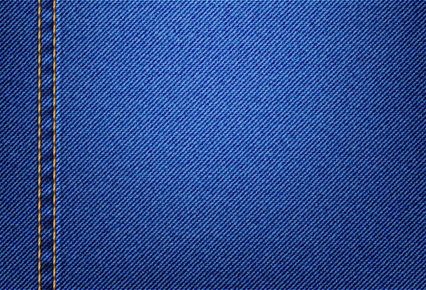 Jeans motif texture denim fond, vecteur tissu de vêtements bleu motif gros plan. Tissu de jeans coton ou toile denim avec coutures de fil jaune sur le pantalon de poche veste, textile - Vecteur, image