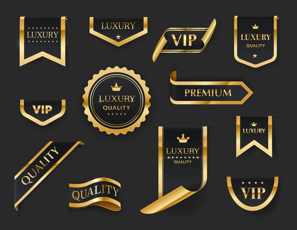 Luxus, VIP, prémium arany címkék, szalagok, jelvények és matricák. Arany és fekete izolált vektor jelei exkluzív minőségi termékek királyi koronák, csillagok és fényes fém keret határok - Vektor, kép