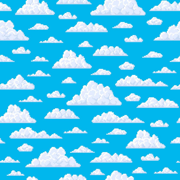 Бесшовный узор, белые пушистые пузырьковые облака на голубом небе, векторный фон. Мультфильм 8-битные игровые облака для уровней пользовательского интерфейса игры, облачный пейзаж с облачным небом для пиксельного искусства компьютерной 8-битной анимации - Вектор,изображение