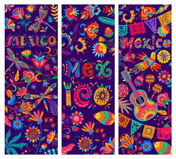 Rajzfilm mexikói transzparensek. Vektorvirágok, kolibri és papella pikádó zászlók, szitakötők, gitár és maracas minta. Élénk színű virágdísz etnikai vagy népi motívum Mexikó - Vektor, kép