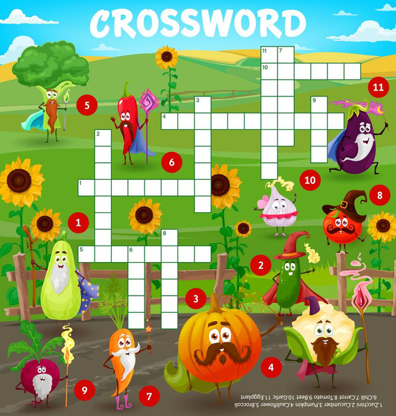Cartoon farm vegetable wizards and sorcerers, crossword puzzle vector game grid. Find a word education quiz worksheet with cute carrot, tomato, broccoli and garlic, pepper and zucchini characters - Vector, Image