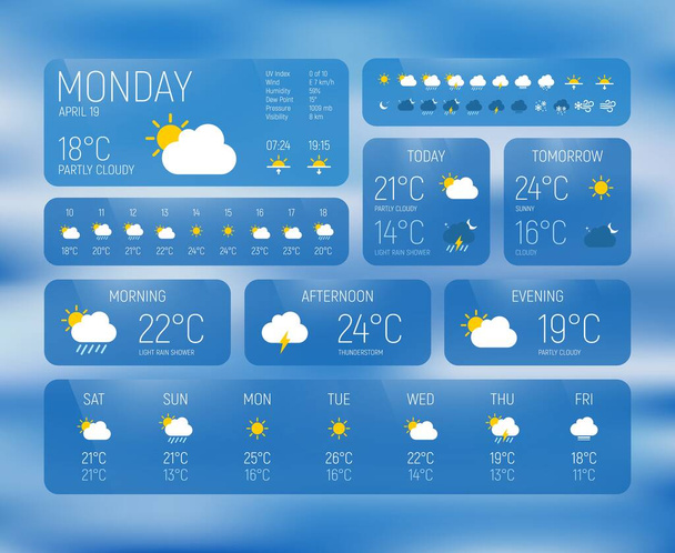 Předpověď počasí a rozhraní widgetu meteorologie s tabulkami a grafy. Předpověď počasí vektorový widget pro mobilní telefon obrazovky, UI aplikace šablona s teplotou, sníh, slunce a déšť ikony - Vektor, obrázek