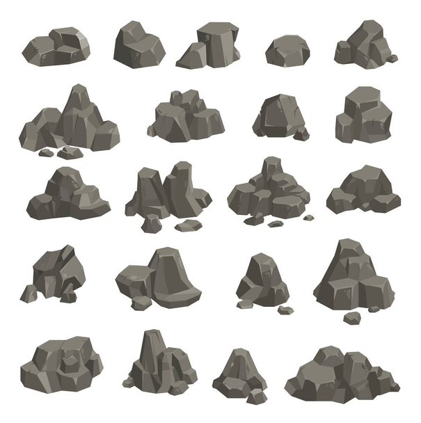 Piedras de caricatura, roca, escombros, grava y adoquín. Piedras grises vectoriales y rocas, roca de granito rota aislada, gran pila de escombros y adoquines, gravas agrietadas de montaña o acantilados - Vector, Imagen