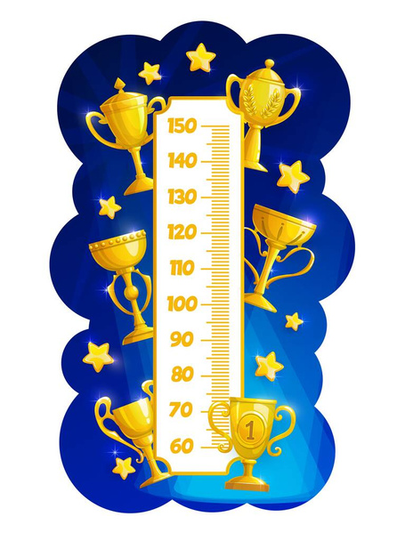Kids height chart ruler with golden trohy cups and prizes, vector measure height scale with victory cups or champion goblets with golden stars and championship wreath - Vektor, obrázek