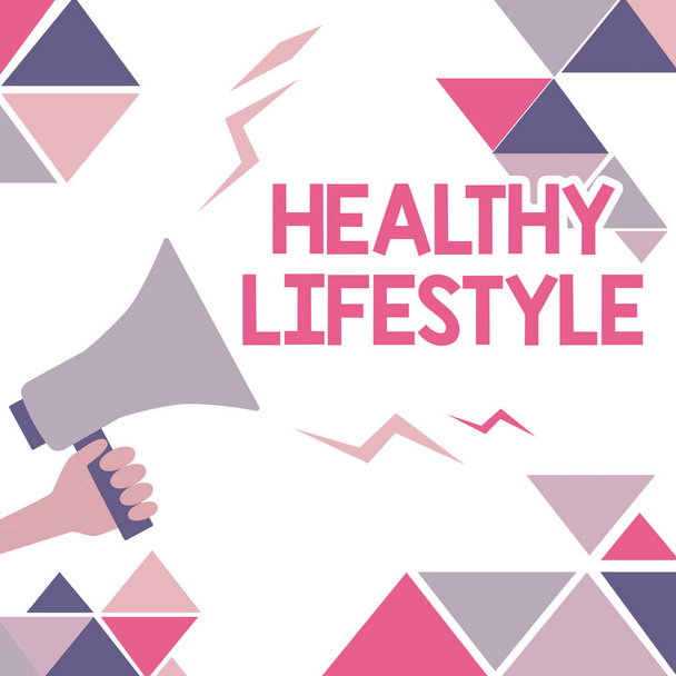 Fogalmi felirat: Egészséges életmód. Szó az élő egészséges vegyenek részt a fizikai aktivitás és a testmozgás illusztrációja hangos hangosbeszélő bejelentést a nyilvánosság számára. - Fotó, kép