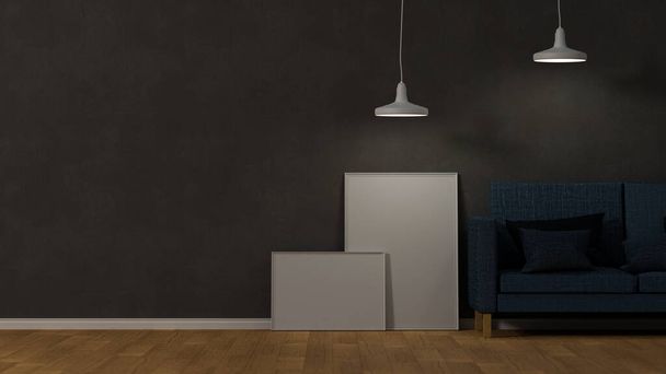 Сучасний класичний дизайн інтер'єру лофт і темної вітальні з порожньою плакатною рамою макет, диван і лампи. 3D візуалізація, 3d ілюстрація
 - Фото, зображення