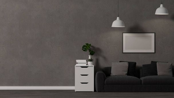 Moderní moderní design interiéru obývacího pokoje s pohodlnou šedou pohovkou a pokojovou výzdobou na šedém pozadí. 3D vykreslování, 3D ilustrace - Fotografie, Obrázek