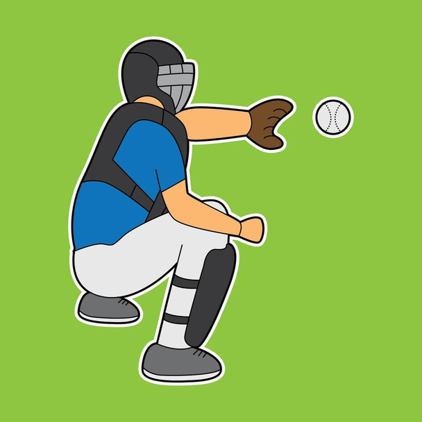 illustratie vectorgrafiek van een honkbalvanger, vangt de bal. geschikt voor sticker, t-shirt, digitaal printen, tekenboek, kinderboek, enz. - Vector, afbeelding