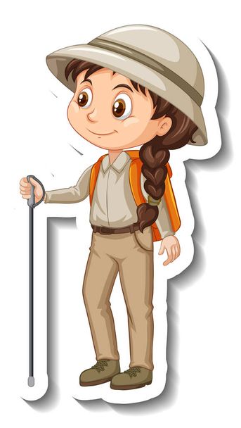 Girl in safari outfit cartoon character sticker illustration - Vector, Image